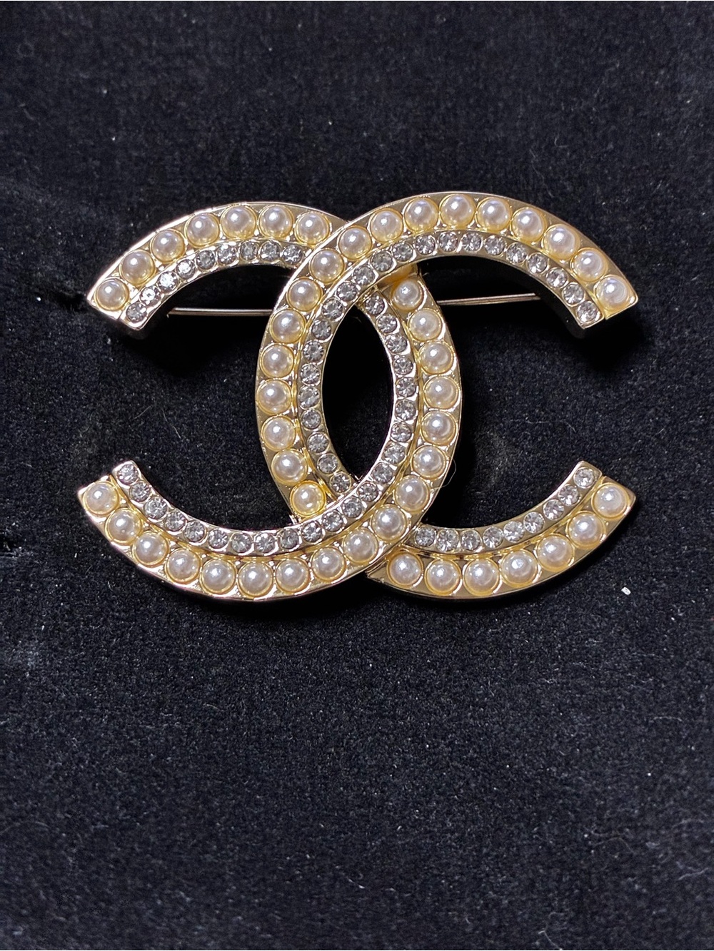 Double C Logo Gold Tone Pearl and Crystal Brooch